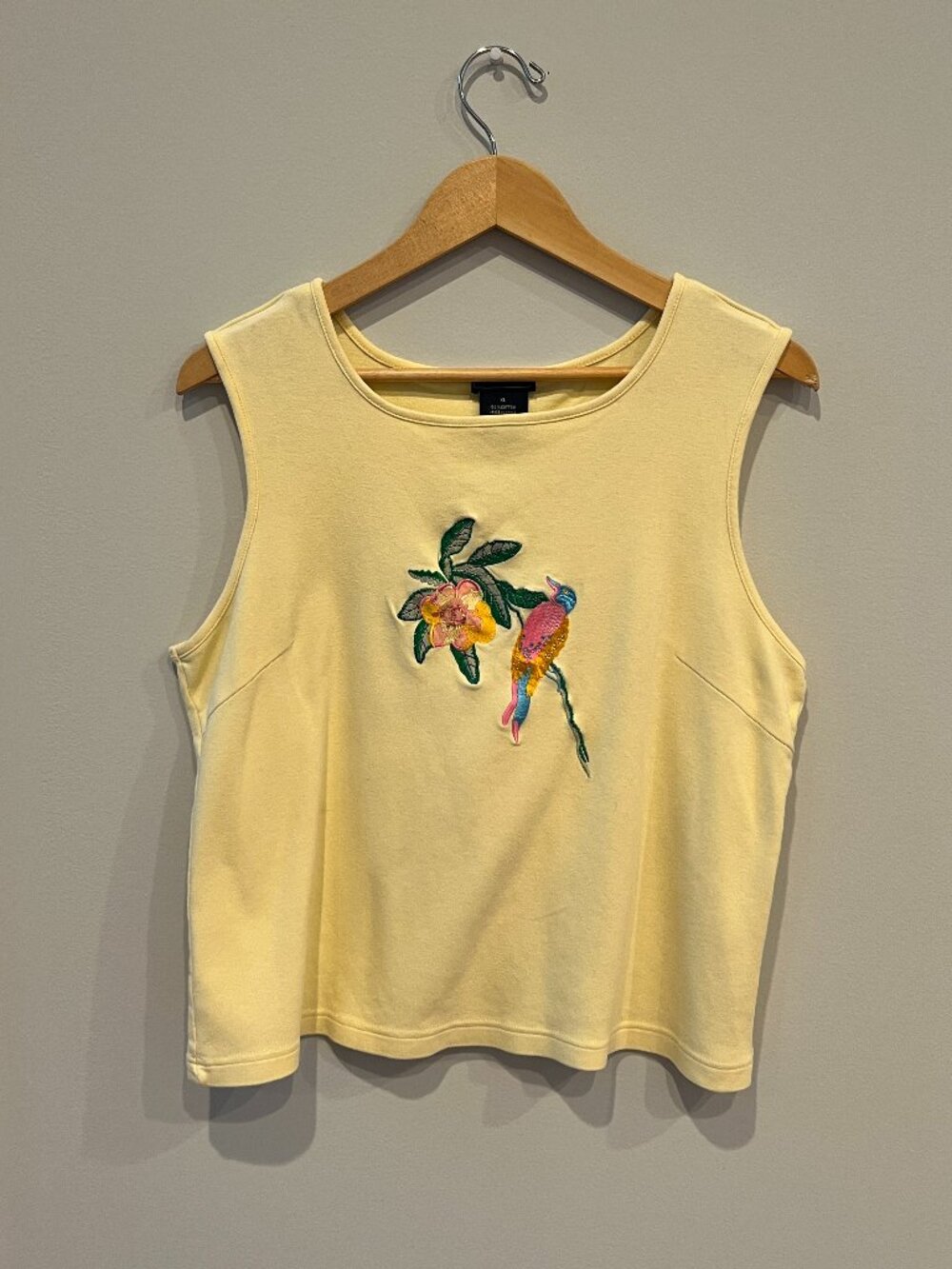 Tara Vanessa Butter Yellow Embroidered Bird Tank Top – Beaded Floral Detail – XL